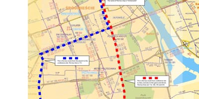 Карта на Варшава автобус 175 пат 